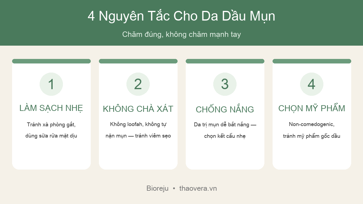 Da Dầu Mụn Chăm Sóc Thế Nào Cho Đúng? 4 Nguyên Tắc Vàng + Những Sai Lầm Khiến Mụn Nặng Hơn